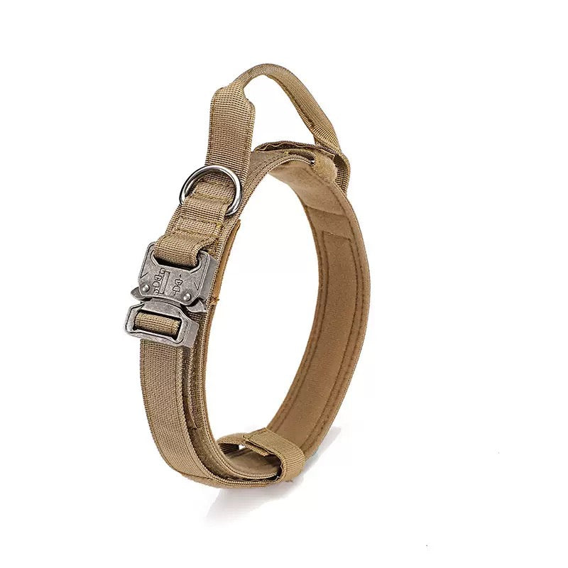 Heavy-Duty Tactical Dog Collar with Handle (Khaki) Canada | Pawpawlemon