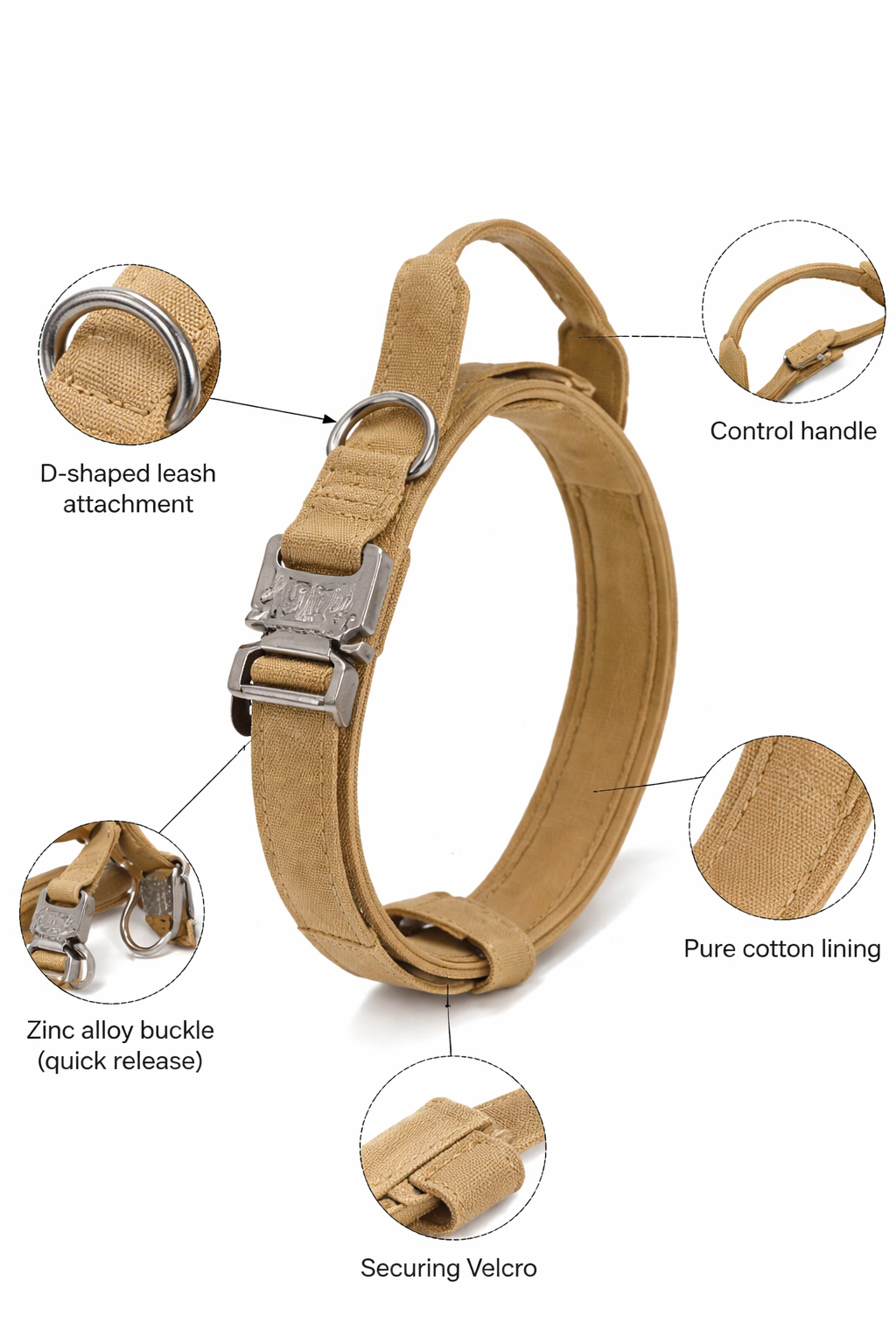 Heavy-Duty Tactical Dog Collar with Handle (Khaki) Canada | Pawpawlemon
